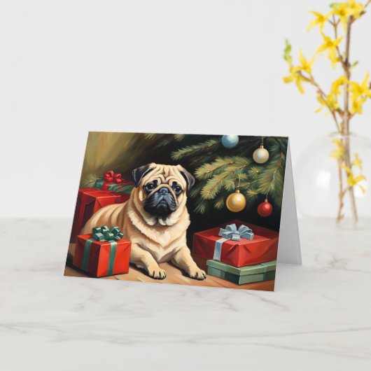 Pug viert Kerstmis Kaart (Gele Bloem)