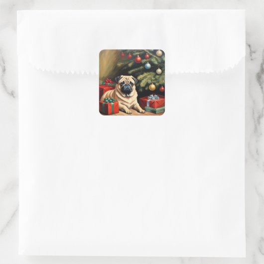 Pug viert Kerstmis Vierkante Sticker (Tas)