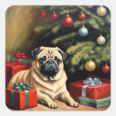 Pug viert Kerstmis Vierkante Sticker (Voorkant)