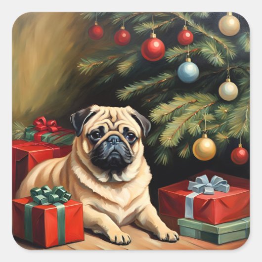 Pug viert Kerstmis Vierkante Sticker (Voorkant)