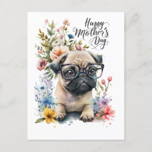 Pug voor Moederdag met bloemetjes voor hondenliefh Feestdagenkaart