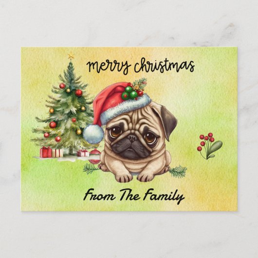 Pug vrolijk kerstfeest aquarel briefkaart (Voorkant)