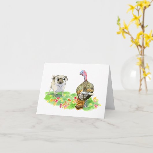 Pug vs Turkije Grappige Thanksgiving kaart (Gele Bloem)