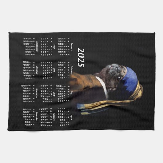 Pug w/Pearl Earring Vermeer Schilderij 2025 Kalend Theedoek (Horizontaal)