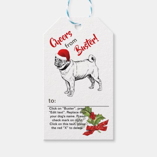 Pug w / Santa Pet Kerstmis Sneeuwvlok Personaliser Cadeaulabel (Voorkant)