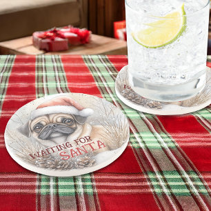 Pug Wachten Op Santa Christmas Dog Waterverf Zandsteen Onderzetter