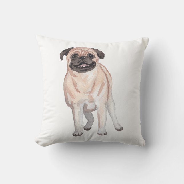 Pug Water Kleur Kunst Schilderen Kussen (Voorkant)
