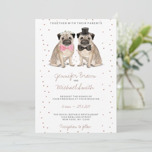 Pug waterverf bruiloft kaart (Staand voorkant)
