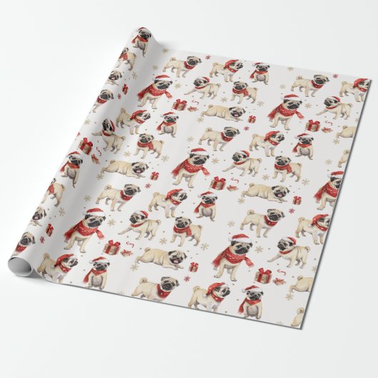 Pug Waterverf Pattern Christmas Cadeaupapier (Uitgerold)