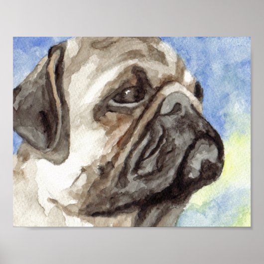 Pug Waterverf Portret Poster (Voorkant)