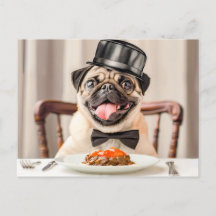 Pug Wearing Hat Sitting at Table