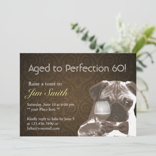 Pug & Wine Perfection 60 Birthday Party Invite Kaart (Staand voorkant)