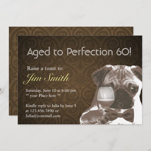 Pug & Wine Perfection 60 Birthday Party Invite Kaart (Voorkant / Achterkant)