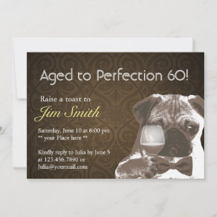 Pug & Wine Perfection 60 Birthday Party Invite Kaart
