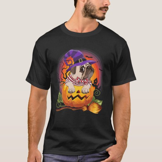 Pug Witch Pumpkin Halloween Hondenliefhebber Costu T-shirt (Voorkant)