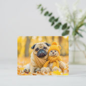 Pug with Plush Toy in Autumn Forest Briefkaart (Staand voorkant)