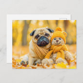 Pug with Plush Toy in Autumn Forest Briefkaart (Voorkant / Achterkant)