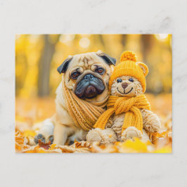 Pug with Plush Toy in Autumn Forest Briefkaart