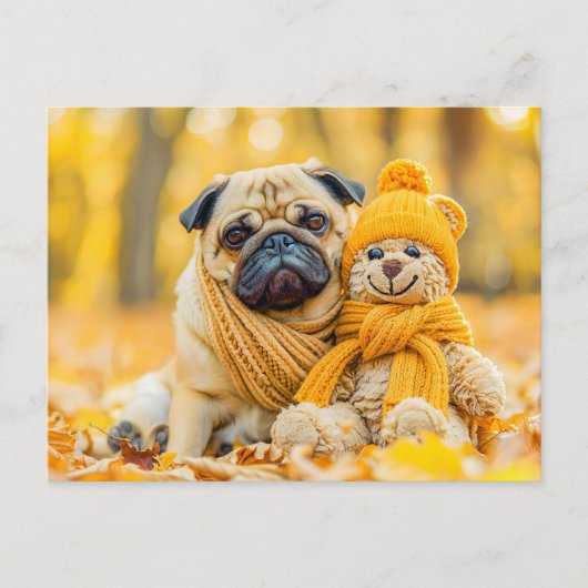 Pug with Plush Toy in Autumn Forest Briefkaart (Voorkant)