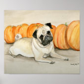 "Pug with Pumpkins" Dog Art Print (Voorkant)
