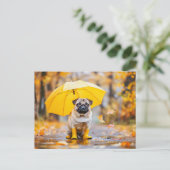 Pug with Umbrella and Boots in Rain Briefkaart (Staand voorkant)