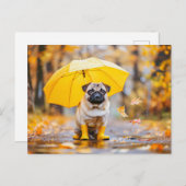 Pug with Umbrella and Boots in Rain Briefkaart (Voorkant / Achterkant)