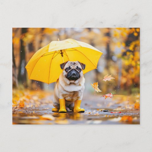 Pug with Umbrella and Boots in Rain Briefkaart (Voorkant)