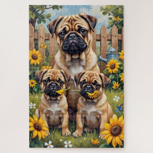 Pug Zonnebloem Tuin Kunst Legpuzzel (Verticaal)