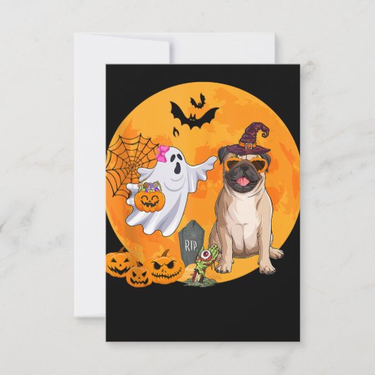 Pug Zonnebril Kostuum Heks Halloween Boo Ghost T Kaart (Voorkant)