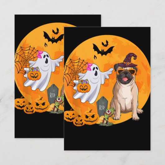 Pug Zonnebril Kostuum Heks Halloween Boo Ghost T Kaart (Voorkant / Achterkant)