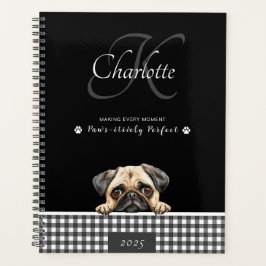 Pug Zwart Wit Plakken Aangepaste Naam Monogram Planner