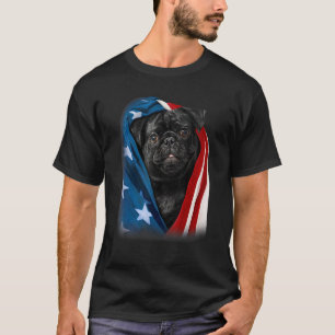 Pug Zwarte Hond Amerikaanse Vlag 4 juli Dier Pat T-shirt