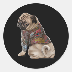 Pugdog met traditioneel Japans Dragon Tattoo IR Ronde Sticker