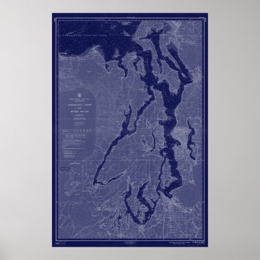 Puget Sound  Map Nautical Chart Blue Art Poster (Voorkant)