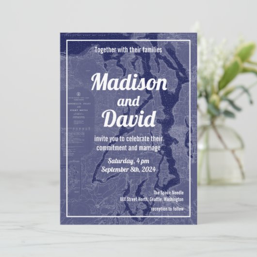 Puget Sound Map Nautical Chart Wedding Inv Kaart (Staand voorkant)