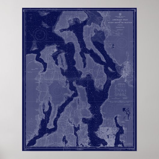 Puget Sound Seattle WA Map Nautical Chart Blue Art Poster (Voorkant)