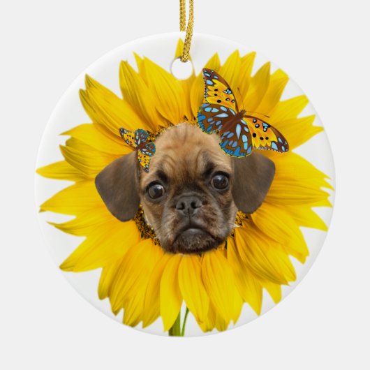 Puggle Angel Daisies Keramisch Ornament (Voorkant)