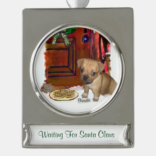 Puggle Persoonlijke Kerstmis Verzilverd Banner Ornament (Voorkant)