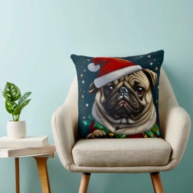 Puggy Claus Collectie Kussen (Throw Pillow 100% polyester heavyweight stretch material. Hidden zipper Made in the USA.)