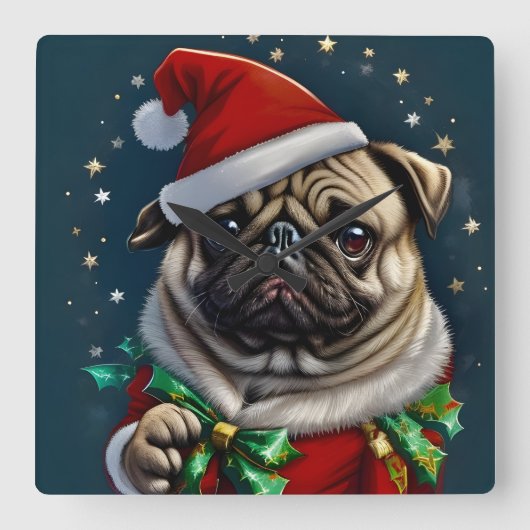 Puggy Claus Collection Vierkante Klok (Voorkant)