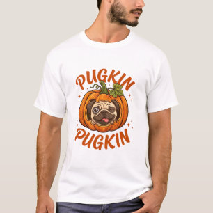 Pugkin Pug Hond Pompoen Knipogende Tong Bladeren T-shirt