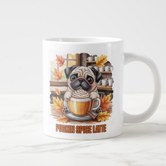 Pugkin Spice Latte – Cute Autumn Pug Coffee Design Grote Koffiekop (Rechts)