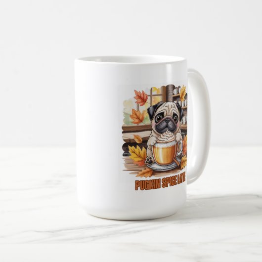 Pugkin Spice Latte – Cute Autumn Pug Coffee Design Koffiemok (Voorkant rechts)