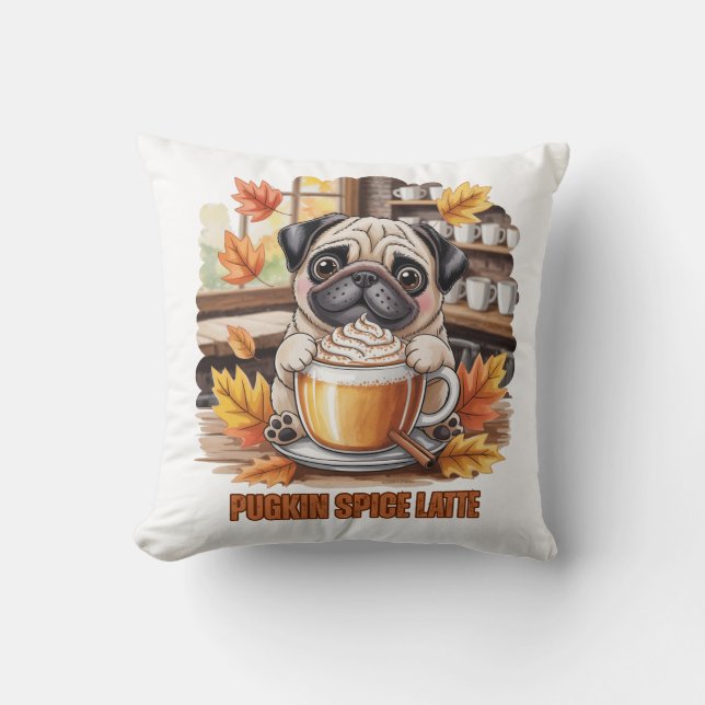 Pugkin Spice Latte Schattig Grappig Herfst Pug Hon Kussen (Voorkant)