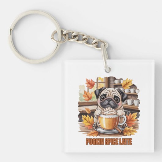 Pugkin Spice Latte Schattig Grappig Herfst Pug Hon Sleutelhanger (voorkant)