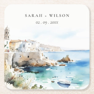 Puglia, Italië Aquarel Landschap Bruiloft Kartonnen Onderzetters