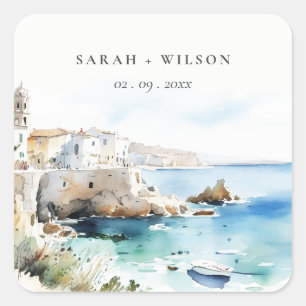 Puglia, Italië Aquarel Landschap Bruiloft Vierkante Sticker