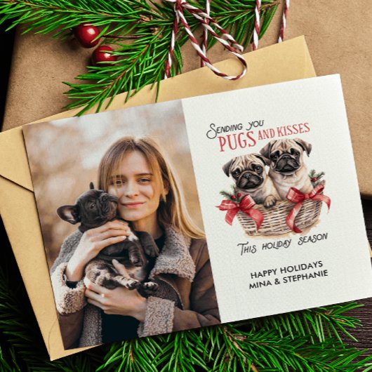 PUGS AND KISESS HONDENTHEMA KERSTMIS FOTO FEESTDAGENKAART