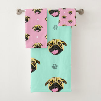 Pugs Baby Roze En Mint Bad Handdoek