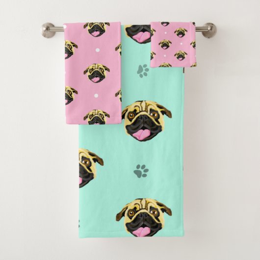 Pugs Baby Roze En Mint Bad Handdoek (Insitu)